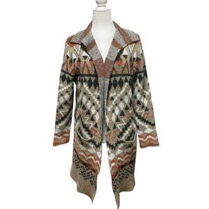 Natural Reflections Open Long Cardigan Aztec Print Boho Western Sweater Sz S